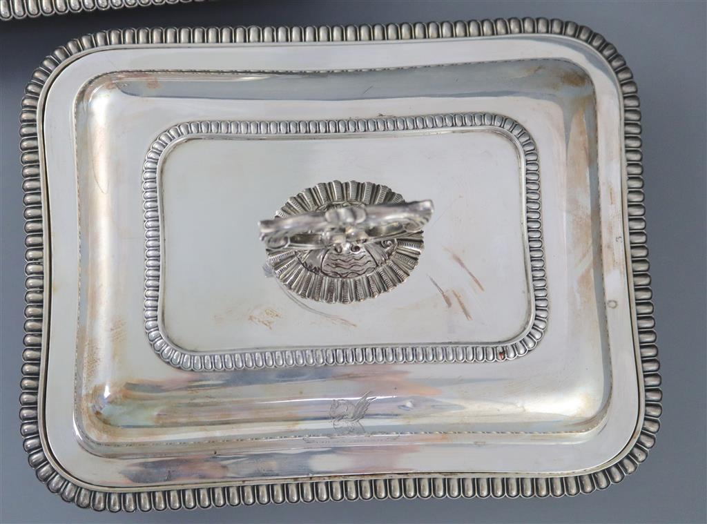 A pair of George IV silver rectangular entree dishes, with covers and handles, by William Bateman,